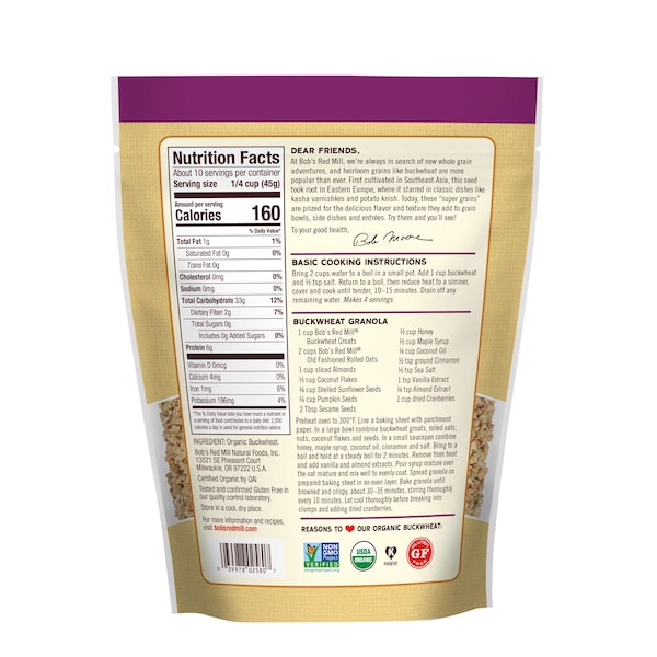 Bob's Red Mill Organic Buckwheat Groats 16 oz. Resealable Pouches, PK4